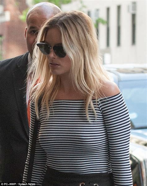 Margot Robbie Goes Braless In Black And White Off Shoulder Blouse In New York Daily Mail Online