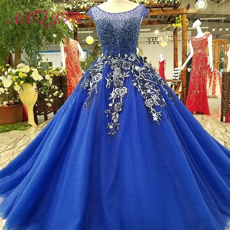 Axjfu Luxury Blue Rose Beading Flower Wedding Dress Princess Blue Lace Embroidery Crystal