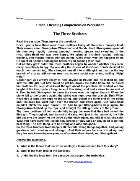 Reading Worksheets Seventh Grade Reading Worksheets Middle School