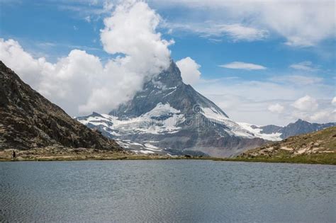 Panorama Of Riffelsee Lake And Matterhorn Mountain In National Park