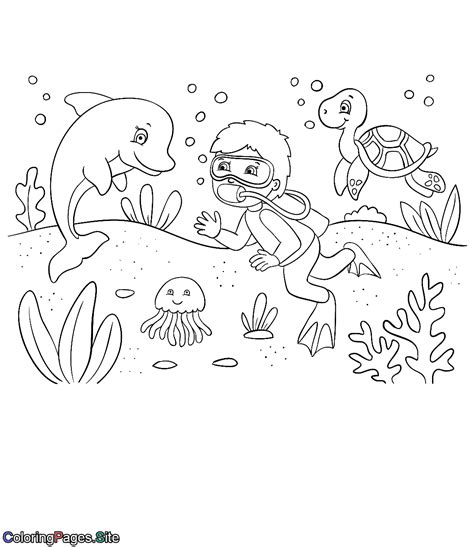 Diving With Cute Sea Animals Coloring Page In 2020