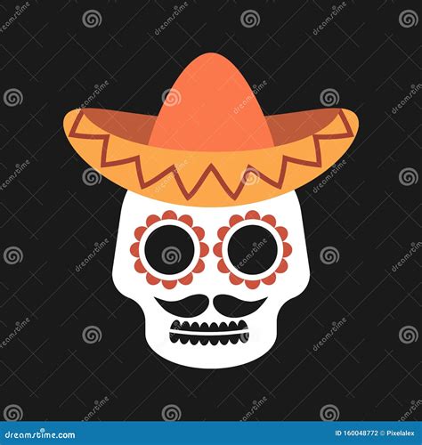 Mexican Sugar Skull With Sombrero On Dark Background Stock Vector