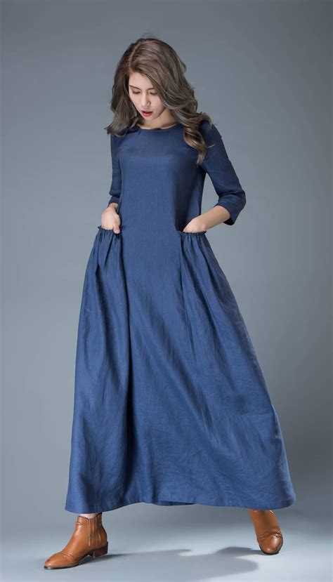 Maxi Blue Linen Dress Cobalt Long Lagenlook Spring By Yl1dress Long