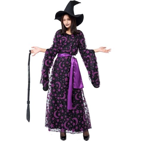 Adult Women Halloween Purple Moon Magic Broom Witch Wizard Costume