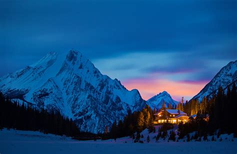 Download Winter Snow Mountain Light Evening Night Man Made House Hd