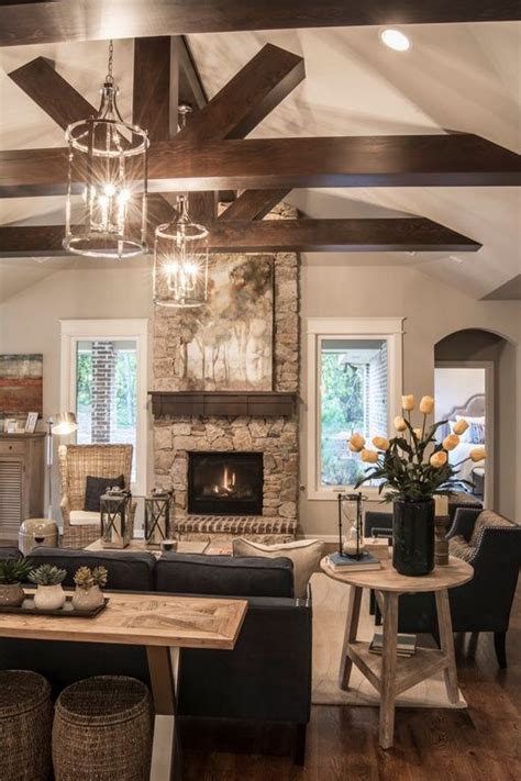 Great Transitional Living Room With High Ceiling And Exposed Beam