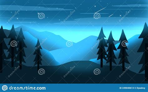 Night Forest With Mountains View And Starry Sky Illustration Stock