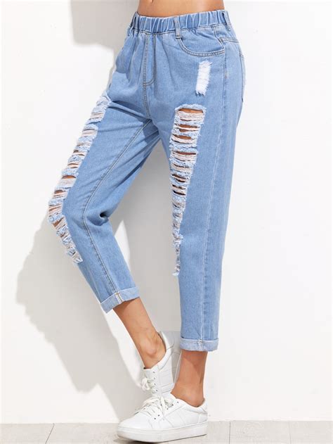 Blue Distressed Cuffed Jeans Sheinsheinside