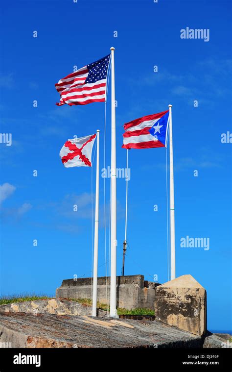 Puerto Rico State Us National And San Juan City Flag Fly With Blue Sky