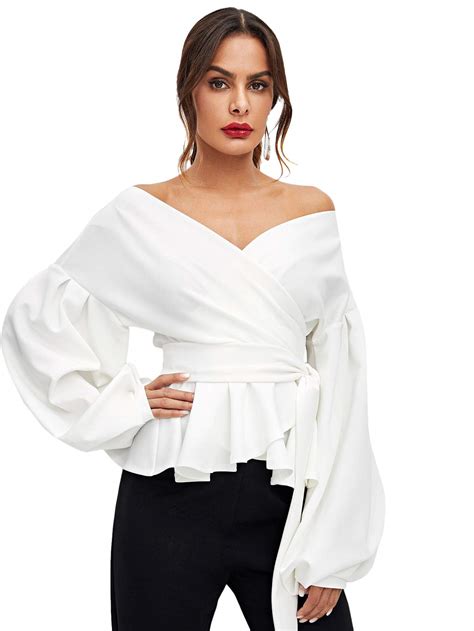 Womens Long Sleeve V Neck Ruffle Blouse Off Shoulder Tie Waist Wrap