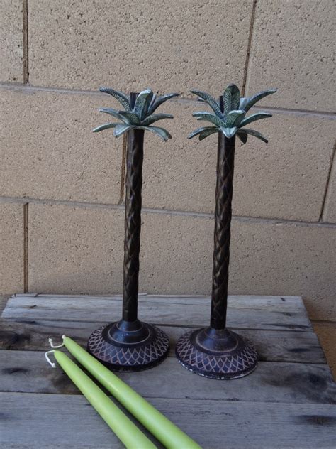 Vintage Pair Metal Palm Tree Candlestick Holders Beach Decor