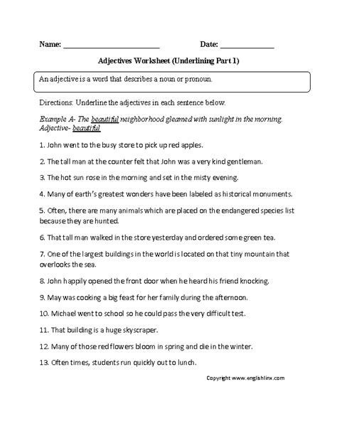 Underline Adjectives Worksheet Answers