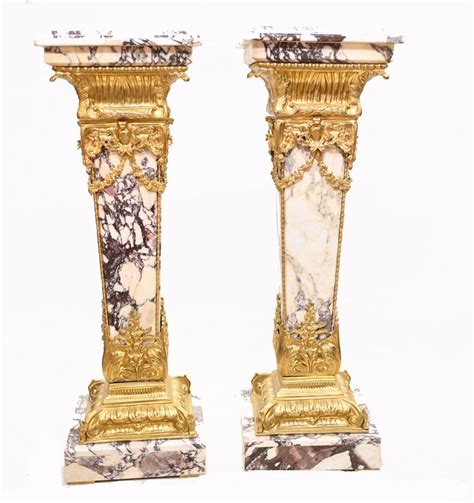 Pair Marble Pedestal Stands French Empire Column Tables