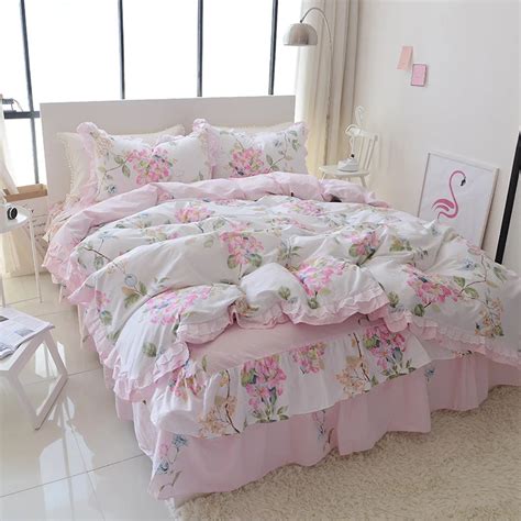 Korean Pastoral Bedding Sets Double Ruffle Lace Flower Print Duvet