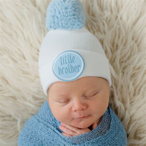 White Little Brother Newborn Boy Hospital Hat With Handmade Pom Pom Ho