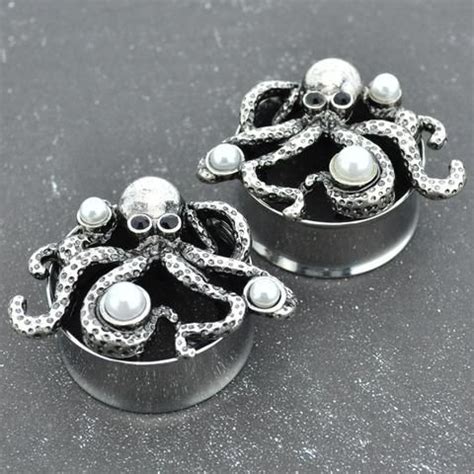 Octopus Stainless Steel Tunnels With Pearl And CZ Gem Accents Body