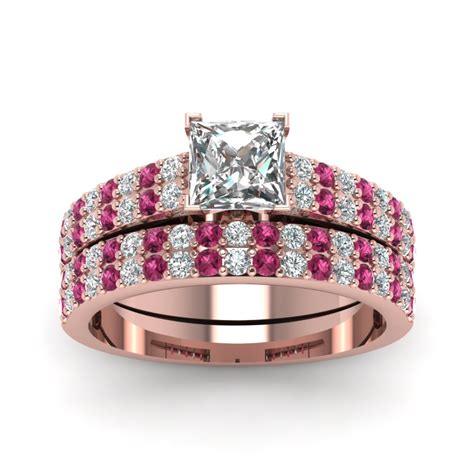 2 Row Princess Cut Diamond Bridal Ring Set With Pink Sapphire In 14k