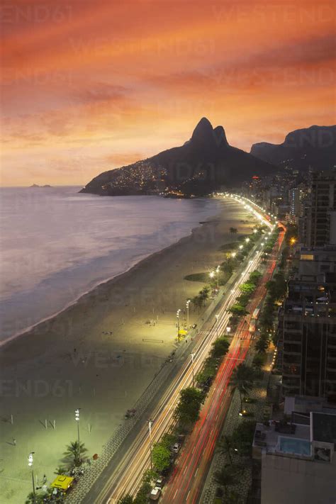 View Of Ipanema Beach At Night Rio De Janeiro Brazil Stock Photo