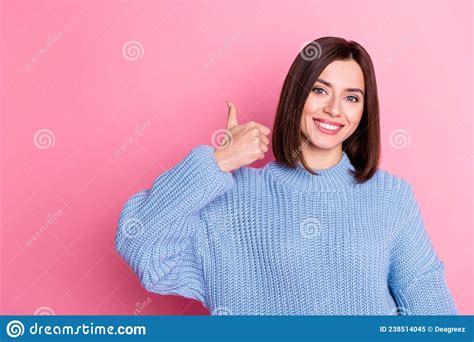 Portrait Of Attractive Cheerful Successful Brown Haired Girl Showing Thumbup Ad Agree Isolated