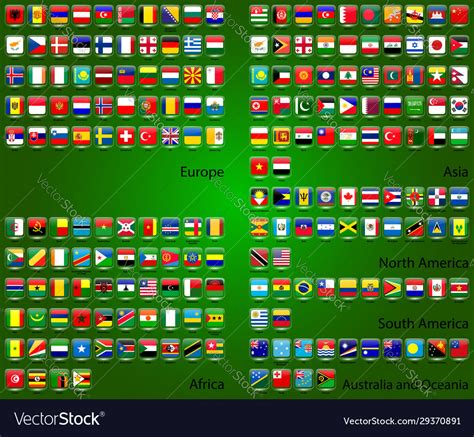 Collection Country Flags On A Green Background Vector Image