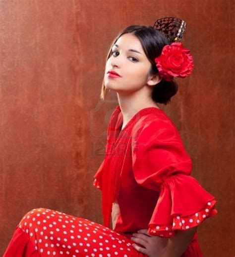 Flamenco Dancer Spain Woman Gipsy With Red Rose And Spanish Peineta Flamenco Dress Spanish