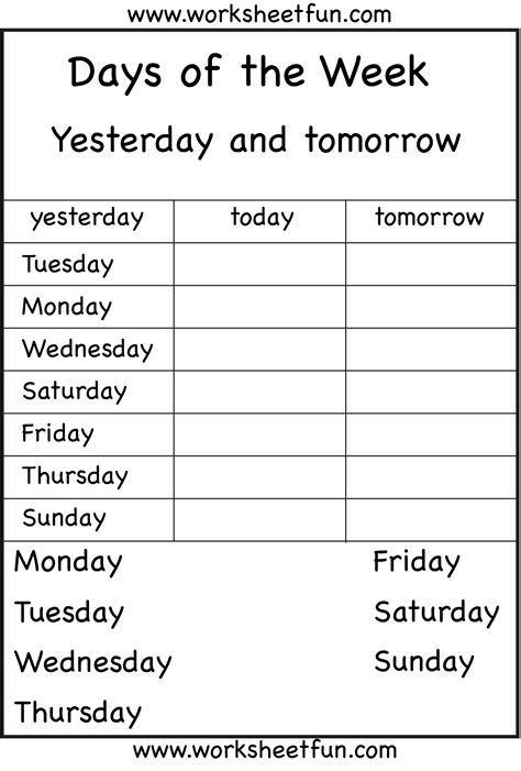 Days Of The Week Yesterday And Tomorrow 6 Worksheets English