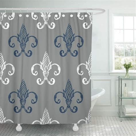 Cynlon Blue French Fleur De Lis Abstract Antique Beautiful Bathroom Decor Bath Shower Curtain