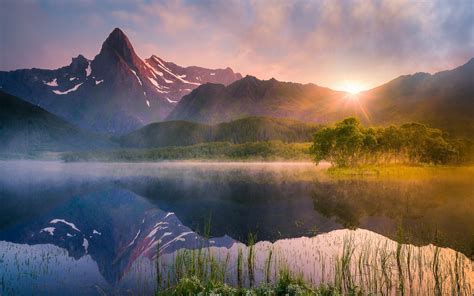 Nature Landscape Lake Sunrise Reflection Water Summer Mountain Mist