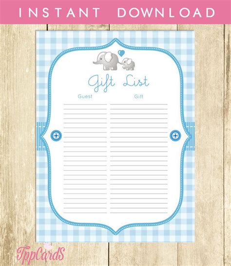 Our free printable files are formatted to print on letter sized paper. Elephant Baby Shower Gift List, Blue Elephant Baby Shower ...
