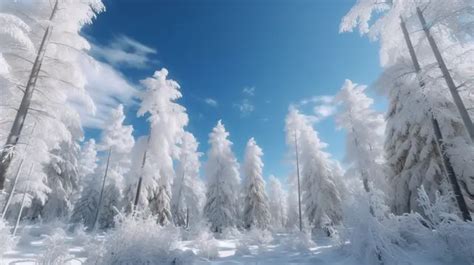 Snowy Wonderland A 3d Forest In Winter Beneath A Blue Sky Background