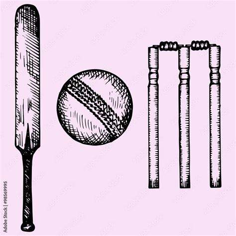 Set Of Equipment For Cricket Bat Ball Wicket Doodle Style Sketch
