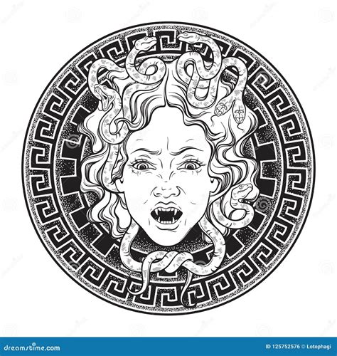 gorgon head roun shield shape greek mythology symbol cartoon vector 178291029