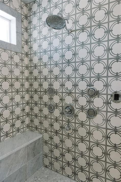 1 x elderly bath chair without back of a chair. White and Gray Mosaic Shower Tiles with Gray marble Shower ...