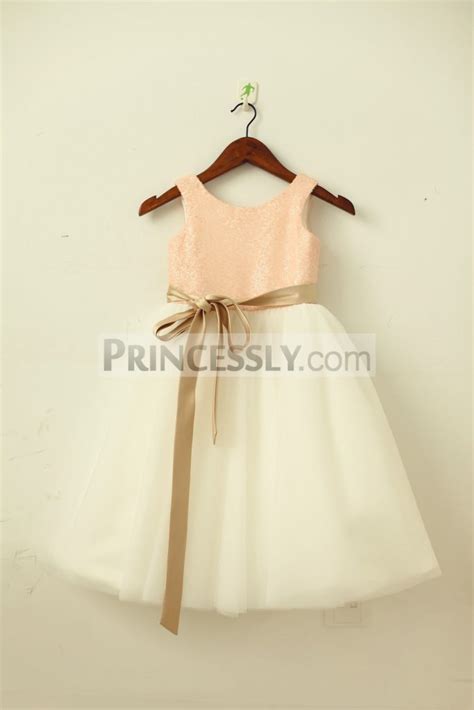 Blush Pink Gold Sequin Ivory Tulle Wedding Flower Girl Dress W Sash Avivaly
