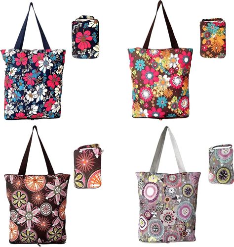 4 pack foldable reusable grocery bags floral designs w zipper folding shopping tote