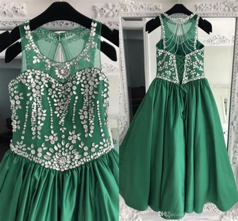Green Satin Pageant Dress For Teens 2019 Jewel Bling Bling Rhinestone