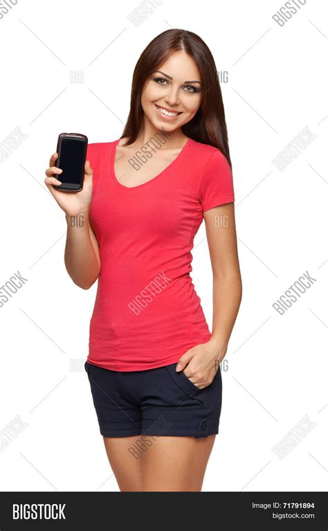 Woman Showing Mobile Image And Photo Free Trial Bigstock