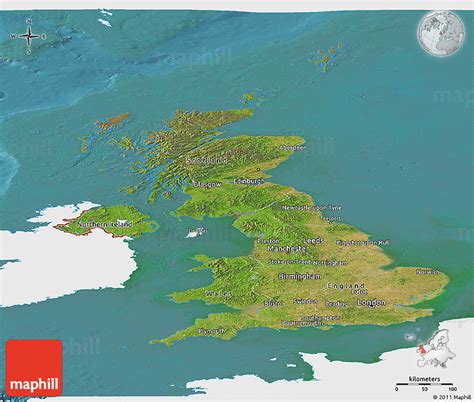 Satellite Panoramic Map Of United Kingdom Single Color