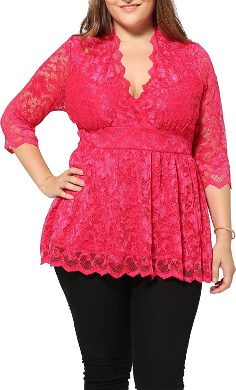 Plus Size Sexy Lace V Neck Blouses Shirts Casual Empire Waist Top For