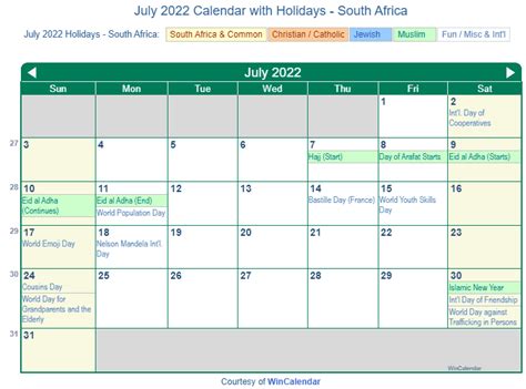 Print Friendly July 2022 South Africa Calendar For Printing