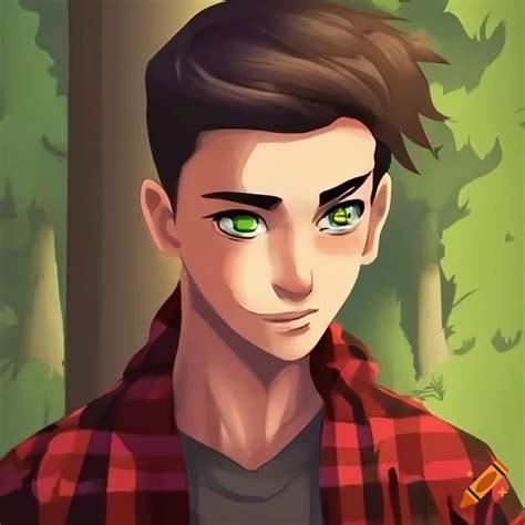 Cartoon Character With Short Dark Brown Hair And Green Eyes In A Red