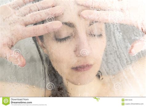 stressed woman leaning on weeping glass shower door stock image image of bathing bathroom