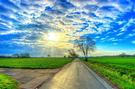 Download Sunbeam Landscape Green Tree Cloud Blue Sky Man Made Road Hd