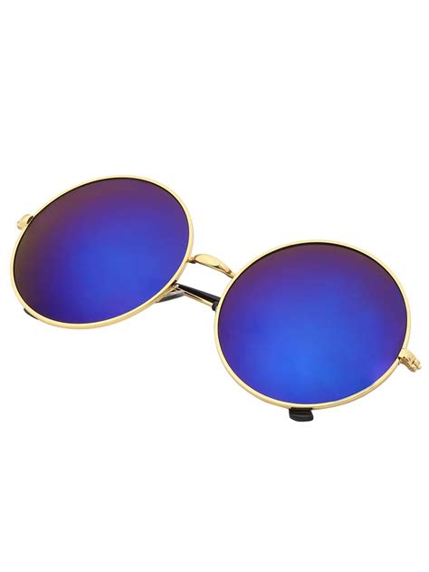 Blue Mirrored Lenses Retro Round Sunglasses Shein Sheinside
