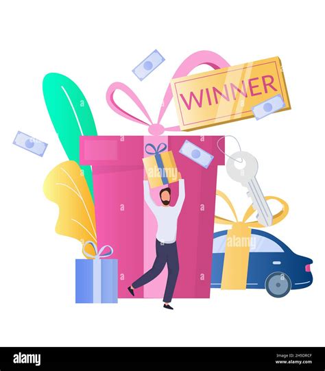 Happy Man Lucky Prize Winner With T Box Flat Vector Illustration