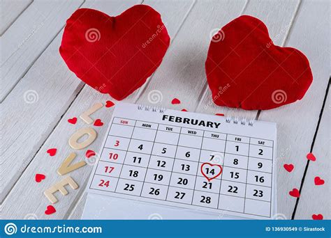 Calendar Page With A Red Hand Written Heart Highlight On February 14 Of Saint Valentines Day