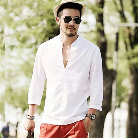 2016 spring mens shirt long sleeve summer ventilated solid white linen cotton casual man dress