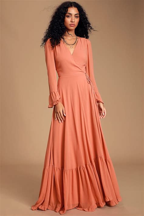 Ways Of Love Rusty Rose Chiffon Tiered Wrap Maxi Dress Maxi Dress Long Sleeve Bridesmaid
