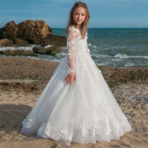 Cheap Flower Girls Long Sleeves Ball Gowns With Pearls Sash Holy First