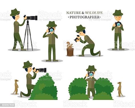 Nature And Wildlife Photographer With Camera In Action Set Stock